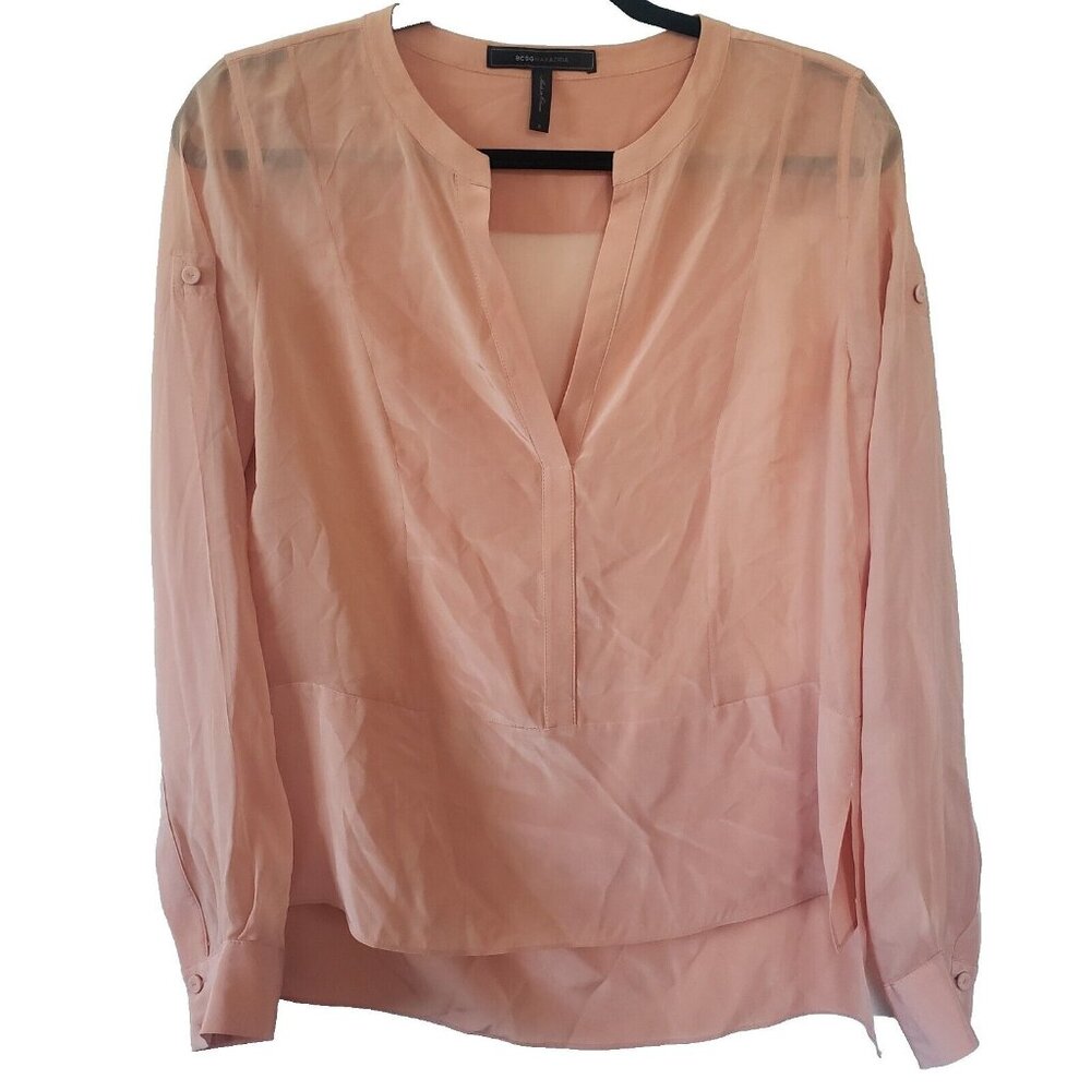 BCBGMaxAzria Silk Top Blouse Roll Tab Peplum Sheer Flowy S Peach Hi Lo